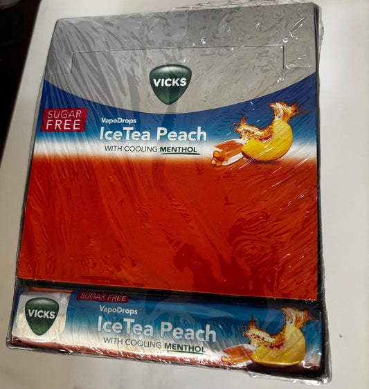 VICKS VapoDrops Cooling Menthol Ice Tea Peach–42g Pack Soothing Relief x24