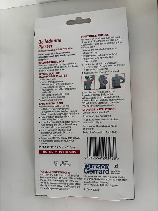 Belladonna Medicated Plaster – 2 Pack | Natural Pain Relief | 12cm x 9.5cm