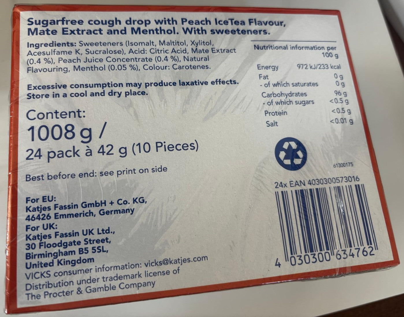 VICKS VapoDrops Cooling Menthol Ice Tea Peach–42g Pack Soothing Relief x24