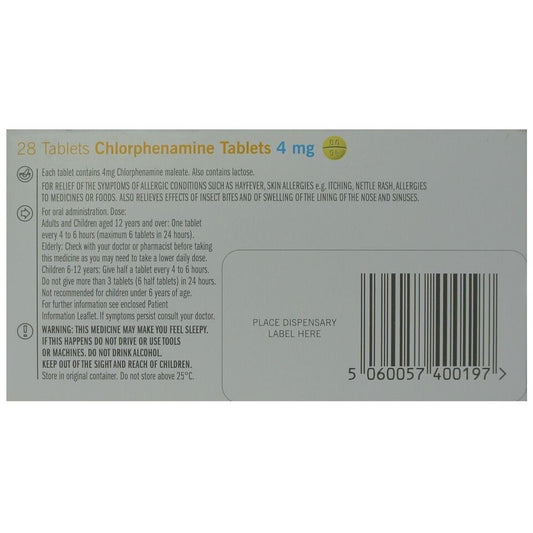 Chlorphenamine Maleate 4 mg Tablets 28x3-Hives-Hay Fever-Eczema BRANDS MAY VARY