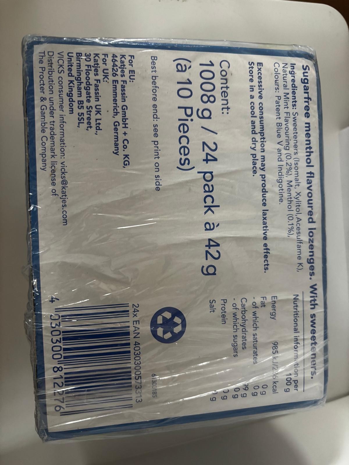 VICKS VapoDrops Cooling Menthol Sugar Free Lozenges–42g Pack Soothing Relief x24
