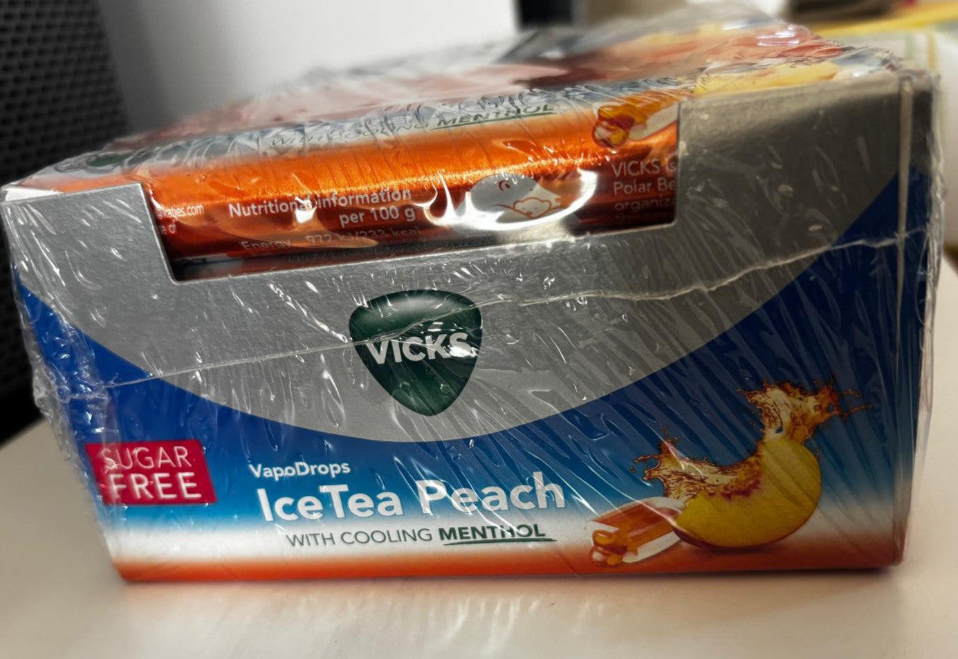 VICKS VapoDrops Cooling Menthol Ice Tea Peach–42g Pack Soothing Relief x24