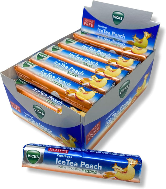 VICKS VapoDrops Cooling Menthol Ice Tea Peach–42g Pack Soothing Relief x24